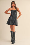 Devan Strapless Faux Leather Flare Mini Dress - Black