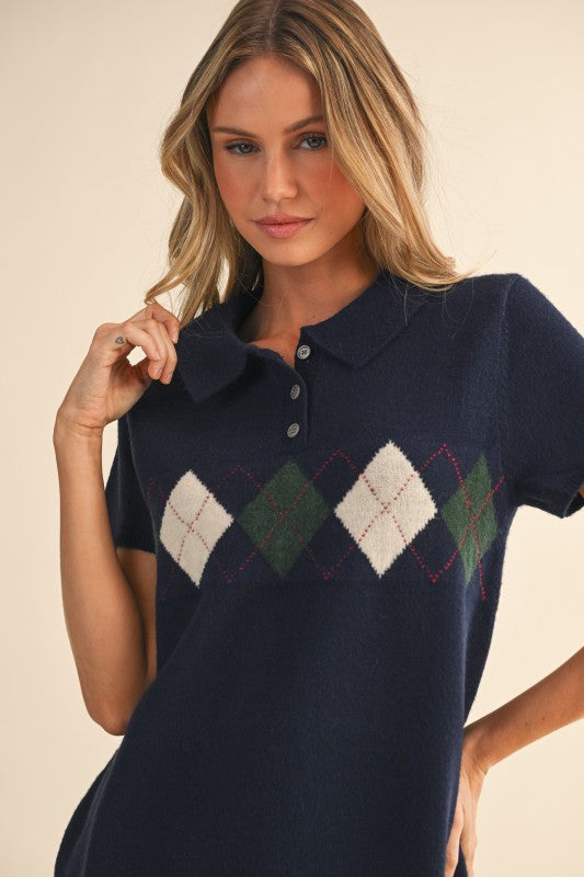 Stacy Argyle Pattern Knit Sweater Mini Dress
