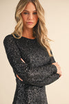 Siera Sequin Long Sleeve Backless Mini Dress - Black