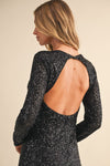 Siera Sequin Long Sleeve Backless Mini Dress - Black