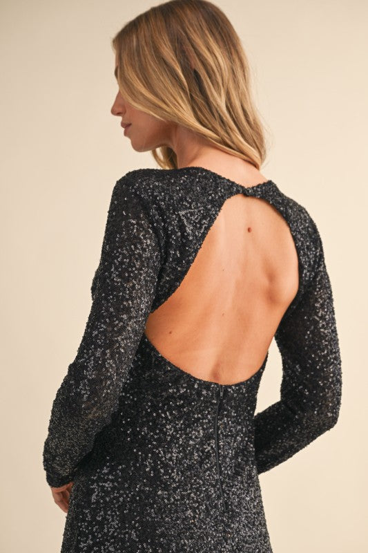 black long sleeve backless mini dress Siera Sequin Women's Light denim blue size-14 Size:0-1mo With black cinch