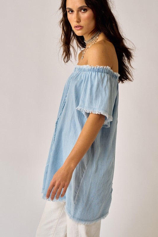 Janice Off The Shoulder Chambray Mini Dress