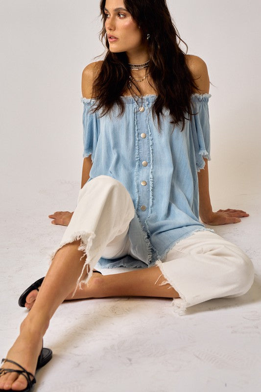 Janice Off The Shoulder Chambray Mini Dress