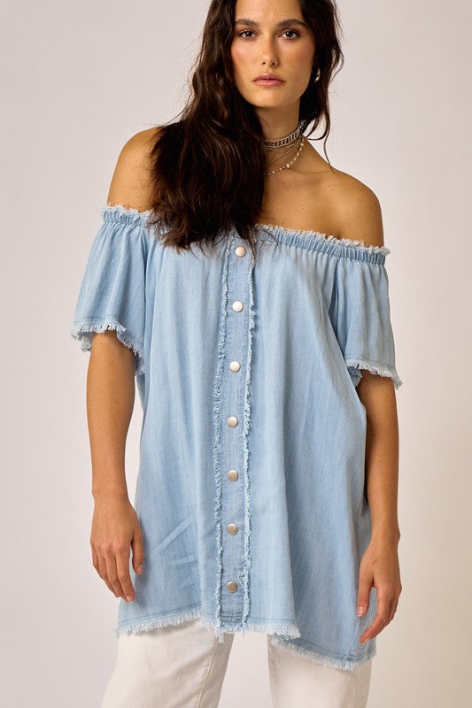 Janice Off The Shoulder Chambray Mini Dress