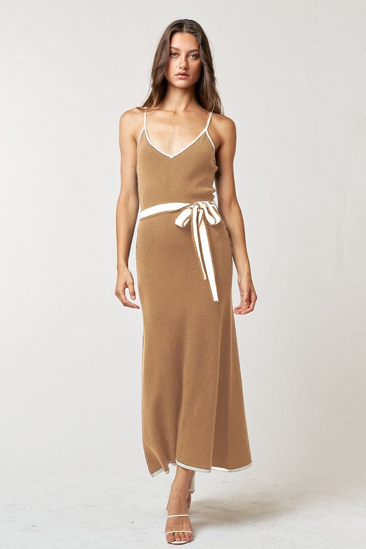 Muriel Belted Contrast Knit Midi Dress - Taupe/Cream