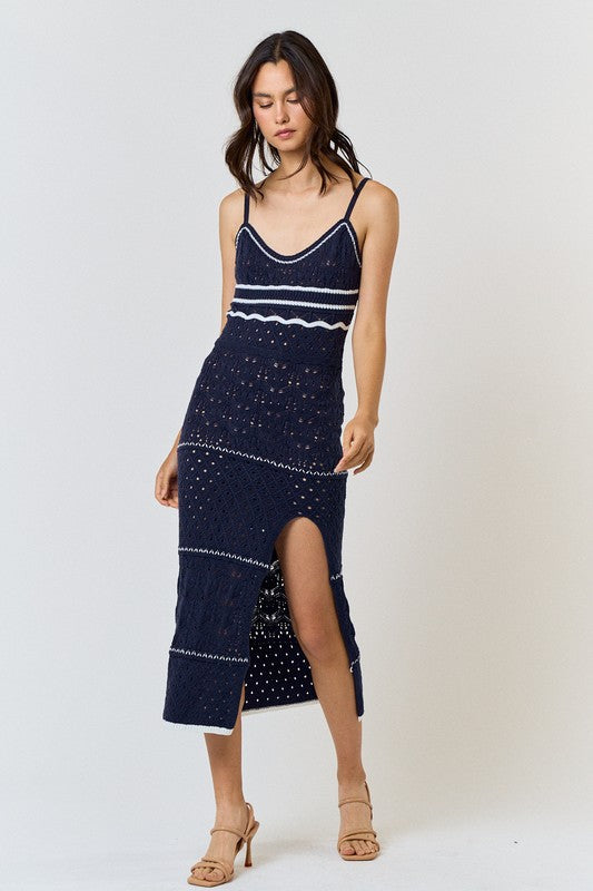 Idalia Crochet Contrast Knit Midi Dress - Navy
