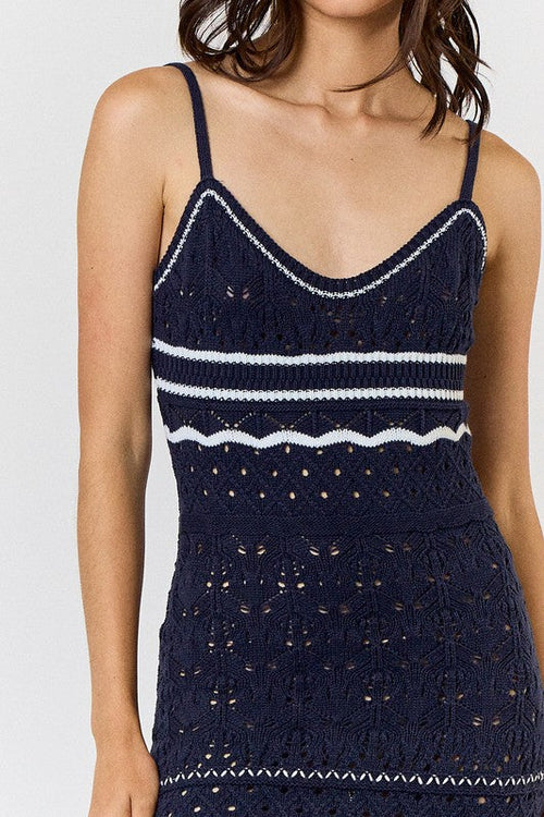 Idalia Crochet Contrast Knit Midi Dress - Navy