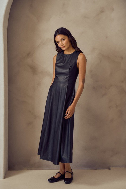 Tenay Faux Leather Sleeveless Midi Dress