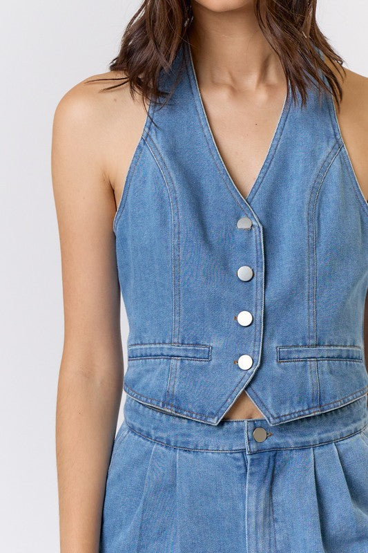 Bea Halter Vest Denim Romper