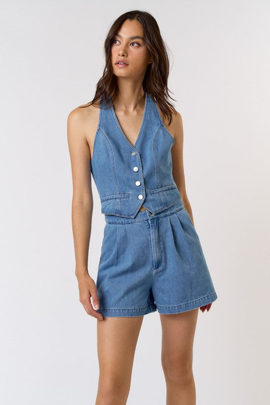 Bea Halter Vest Denim Romper