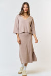 Amore Knit V-Neck Long Sleeve Top & Midi Skirt Set - Stone
