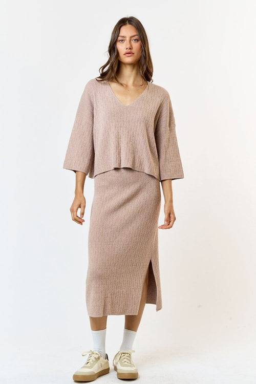 Amore Knit V-Neck Long Sleeve Top & Midi Skirt Set - Stone