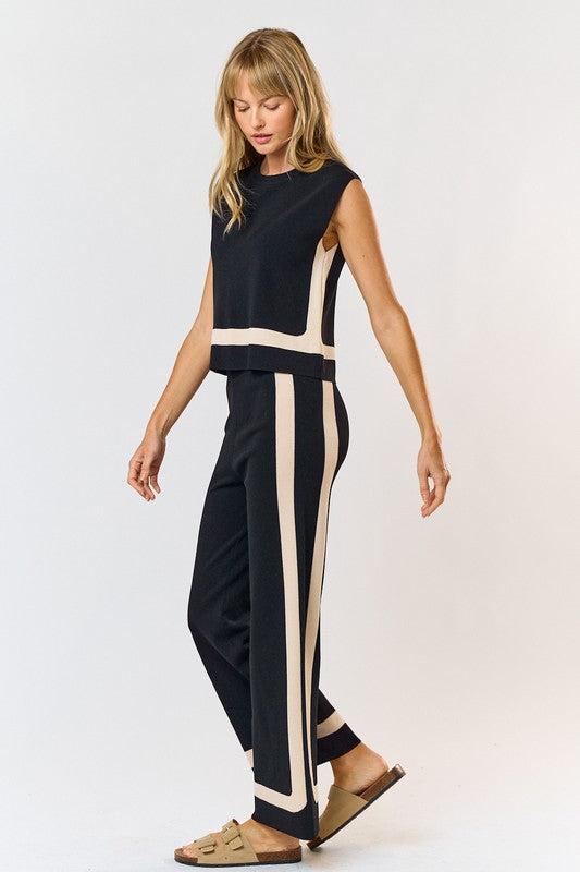 Danilyn Contrast Sleeveless Sweater Knit Top & Pants Set