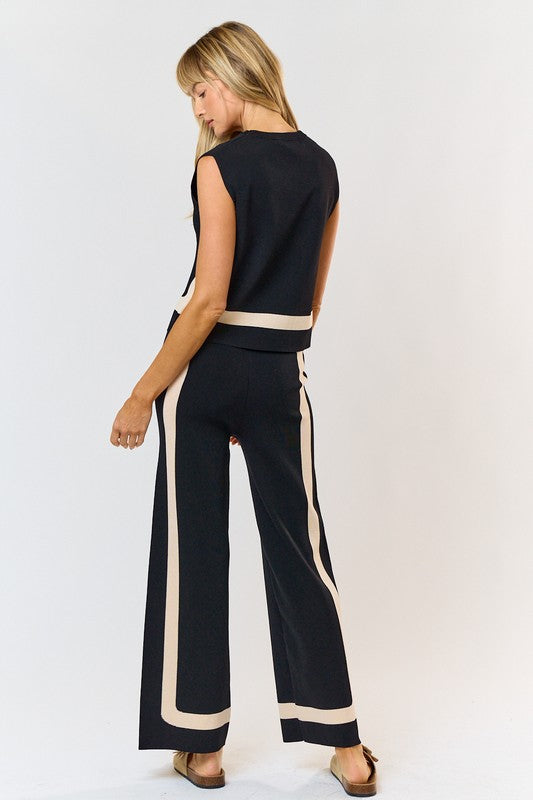 Danilyn Contrast Sleeveless Sweater Knit Top & Pants Set