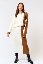 Avice Color Block Knit Long Sleeve Top & Maxi Skirt Set - Ivory/Brown