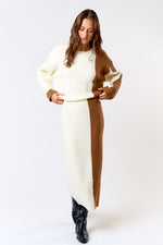 Avice Color Block Knit Long Sleeve Top & Maxi Skirt Set - Ivory/Brown