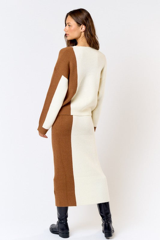 Avice Color Block Knit Long Sleeve Top & Maxi Skirt Set - Ivory/Brown