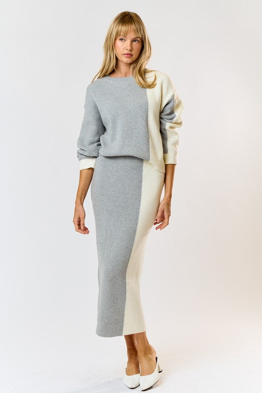 Avice Color Block Knit Long Sleeve Top & Maxi Skirt Set - Ivory/Grey