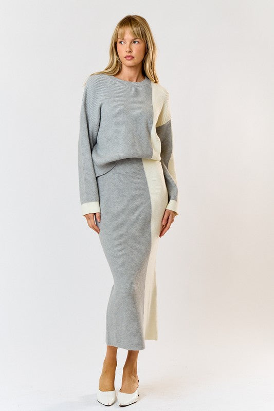 Avice Color Block Knit Long Sleeve Top & Maxi Skirt Set - Ivory/Grey