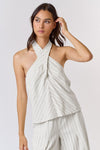 Circe Criss Cross Stripe Halter Linen Top