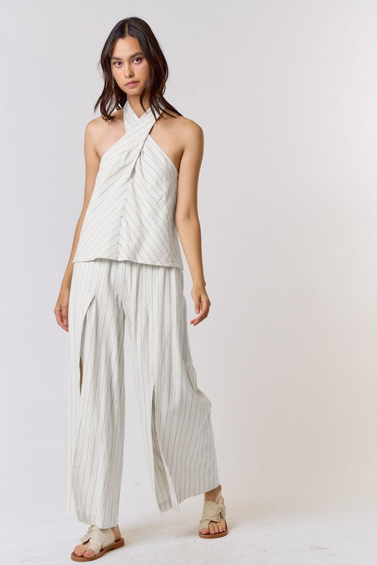 Circe Criss Cross Stripe Halter Linen Top