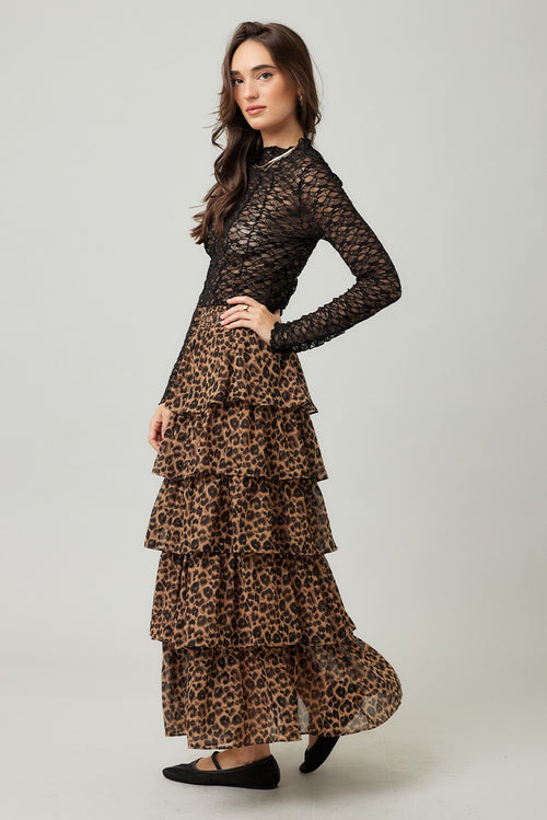 Selena Leopard Tiered Ruffle Maxi Skirt - Camel