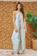 Rayalynn Cross Over Halter Neck Wide Leg Jumpsuit - Sage/Multi