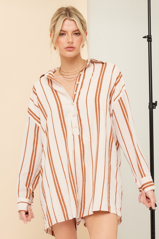 Ashley Stripe Long Sleeve Button Down Romper - Cream/Rust