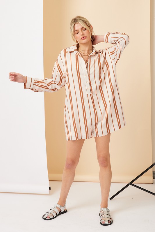 Ashley Stripe Long Sleeve Button Down Romper - Cream/Rust