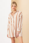 Ashley Stripe Long Sleeve Button Down Romper - Cream/Rust