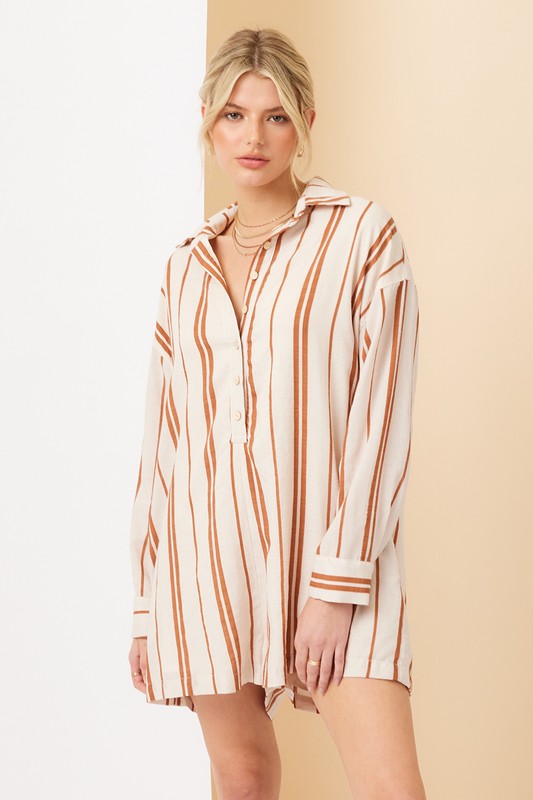 Ashley Stripe Long Sleeve Button Down Romper - Cream/Rust