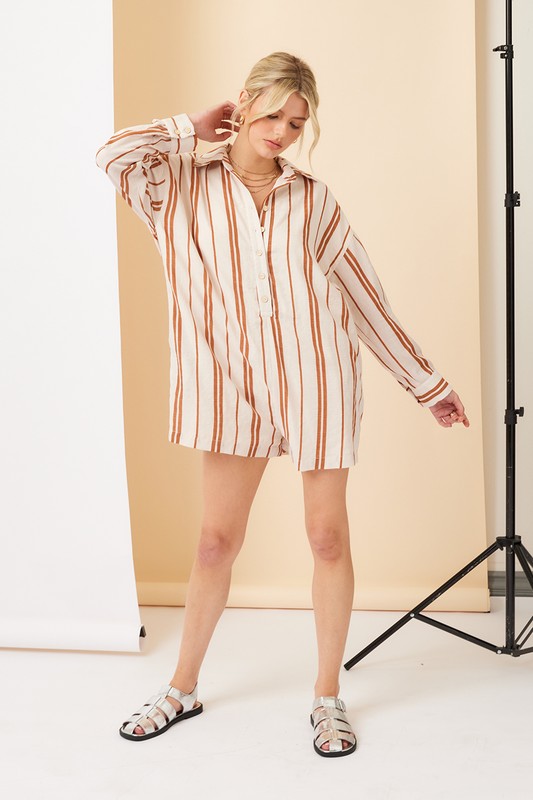 Ashley Stripe Long Sleeve Button Down Romper - Cream/Rust