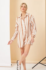 Ashley Stripe Long Sleeve Button Down Romper - Cream/Rust