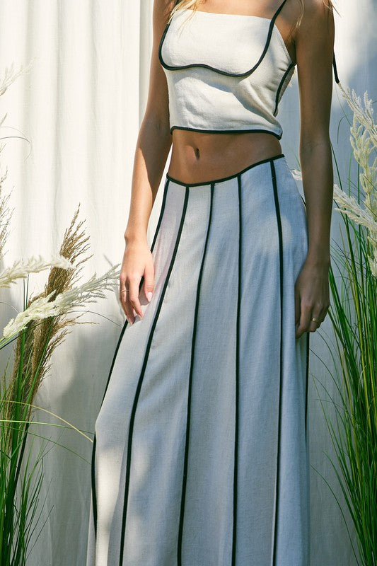 Neriah Linen Contrast Shoulder Tie Top & Maxi Skirt Set