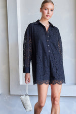 Ashley Lace Long Sleeve Button Down Romper - Black