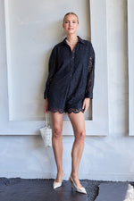 Ashley Lace Long Sleeve Button Down Romper - Black