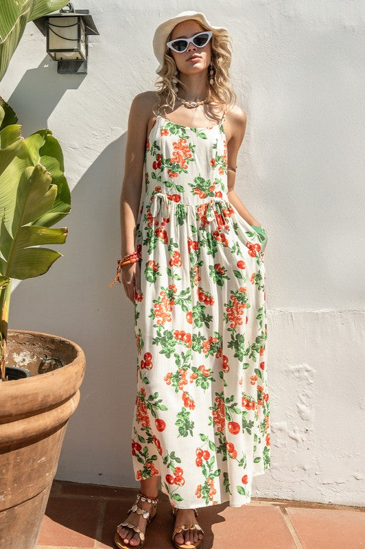 Teresa Cherry Print Tie Back Maxi Dress