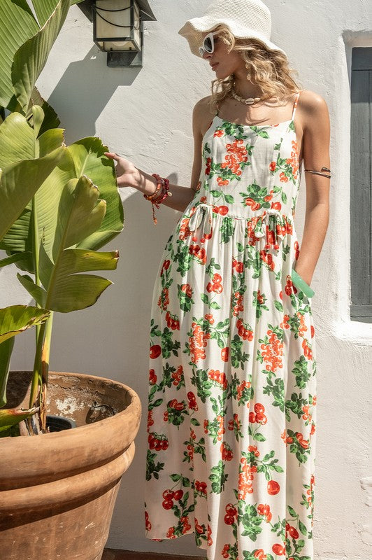 Teresa Cherry Print Tie Back Maxi Dress
