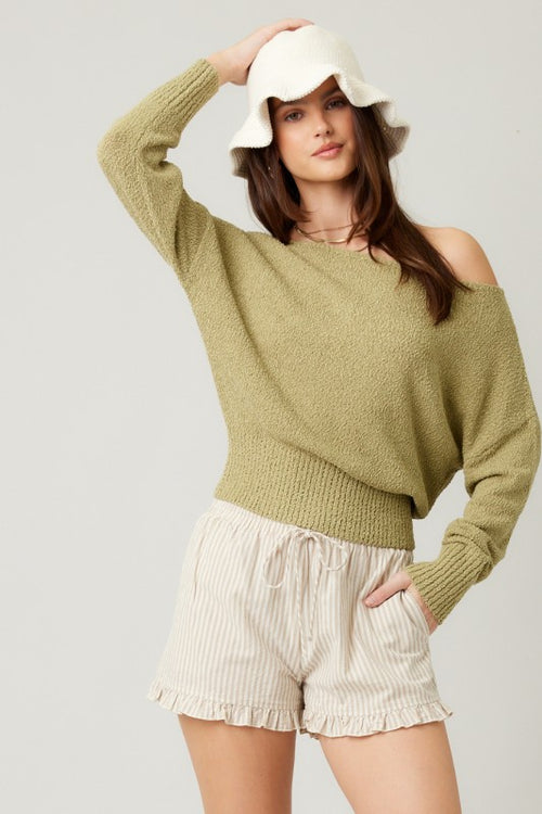 Zoe Lightweight Knit Off The Shoulder Sweater Top - Olive