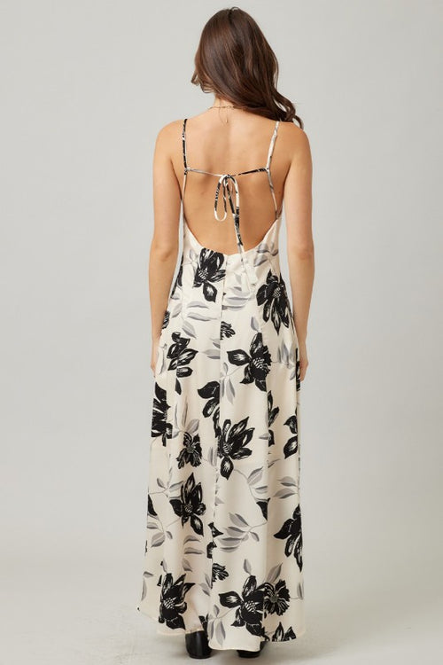 Ivy Satin Printed Backless Maxi Dress - Bone/Black/Gray