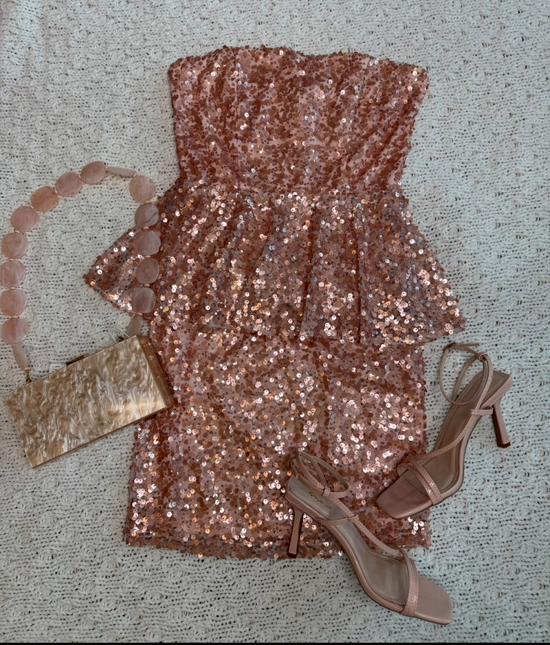 Julissa Strapless All Over Sequin Peplum Mini Dress