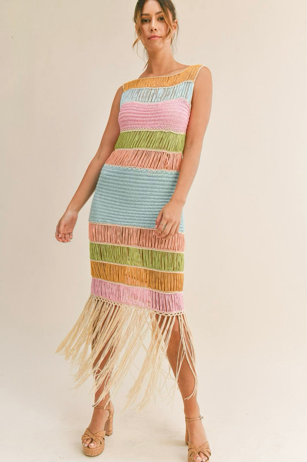 Terri Multi Color Block Crochet Fringe Maxi Dress Terri Multi Color Block Crochet Fringe Maxi Dress