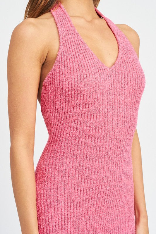 Nayeli Knit Ribbed Halter Bodycon Midi Dress - Pink