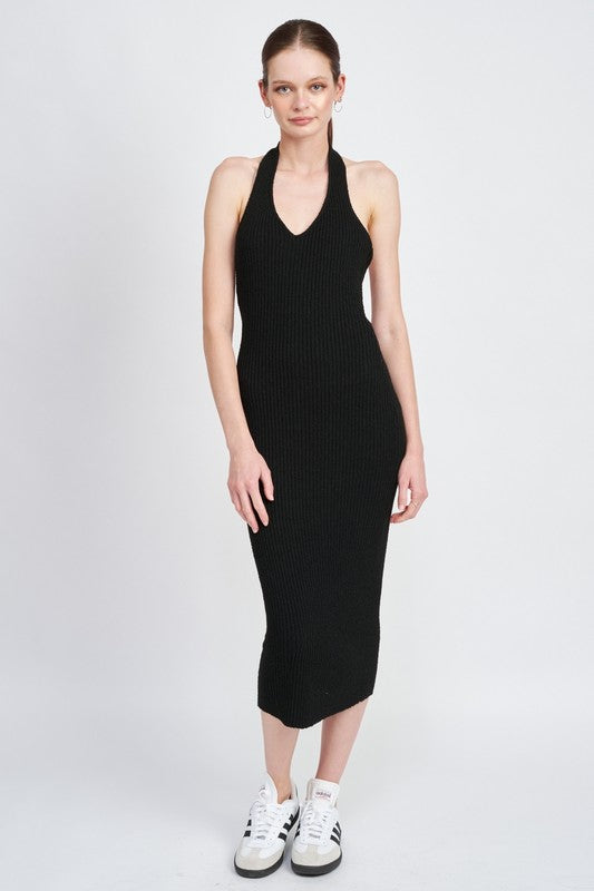 Nayeli Knit Ribbed Halter Bodycon Midi Dress