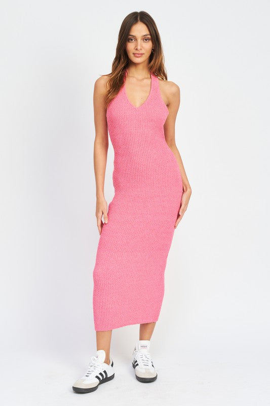 Nayeli Knit Ribbed Halter Bodycon Midi Dress - Pink Girls Will Be Girls Nayeli Knit Ribbed Halter Bodycon Midi Dress - Pink Girls Will Be Girls