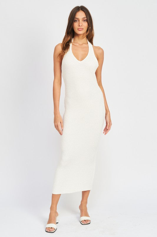 Nayeli Knit Ribbed Halter Bodycon Midi Dress White – Girls Will