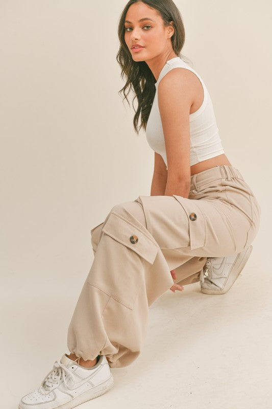 Pull&Bear high waisted straight leg cargo trousers in beige | ASOS