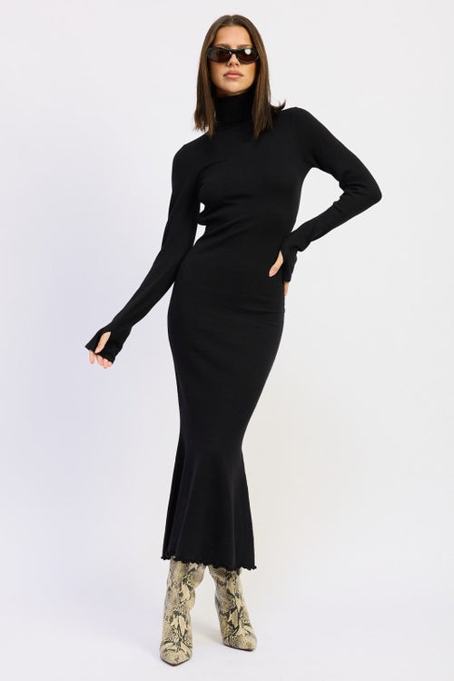 Rania Knit Turtleneck Long Sleeve Cut Out Back Midi Dress