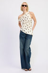 Camari Polka Dot Shoulder Side Ruched Satin Top