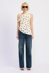 Camari Polka Dot Shoulder Side Ruched Satin Top